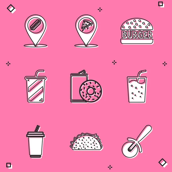 Set Location with hotdog, slice pizza, Burger, Glass water, Aluminum can soda and donut, and Taco tortilla icon. Vector — Stock Vector
