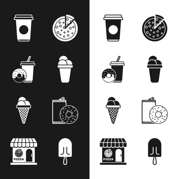 Set Eis, Limonade mit Donut, Kaffeetasse, Pizza, Waffelkegel, Alu-Dosensoda und, und Pizzeria Fassade Symbol. Vektor — Stockvektor