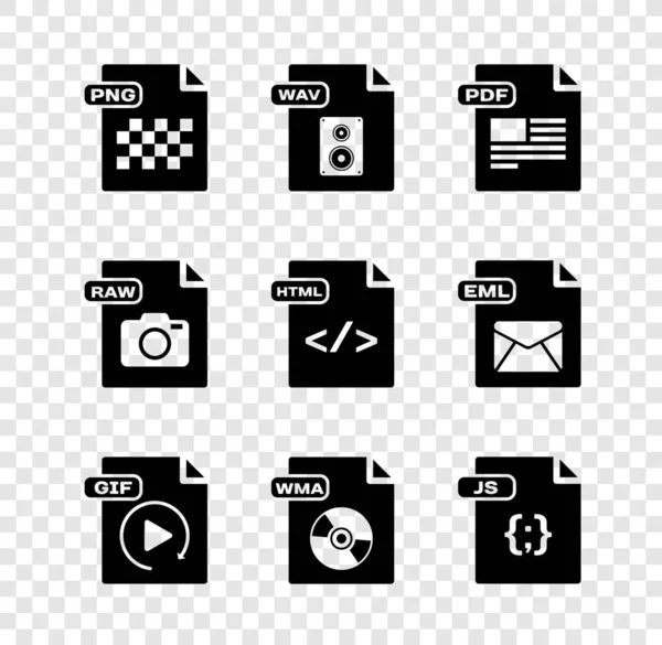 Set PNG file document, WAV, PDF, GIF, WMA, JS, RAW та HTML icon. Вектор — стоковий вектор