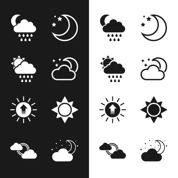 Untergehende Wolke mit Mond und Sternen, Regensonne, Mond, Sonnenuntergang und Wolken-Wettersymbol. Vektor — Stockvektor