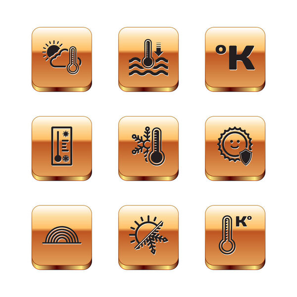 Set Thermometer and cloud, sun, Rainbow, Sun snowflake, with, Meteorology thermometer, Kelvin, and Water icon. Vector