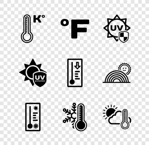 Set Termometro meteorologico, Fahrenheit, protezione UV, termometro con fiocco di neve, e nuvole, sole, e icona. Vettore — Vettoriale Stock