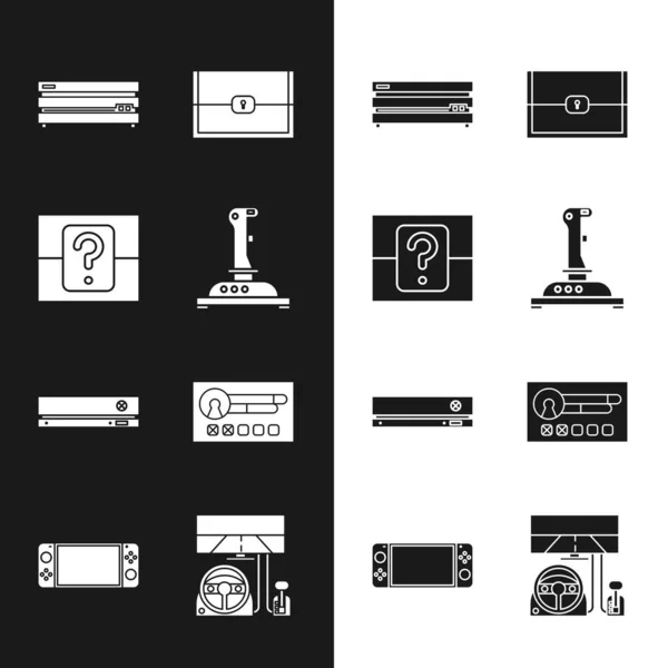 Set Joystick for arcade machine, Mystery random box, Video game console, Chest, Create account screen, Racing simulator cockpit and Portable video icon. Vector — Stock Vector