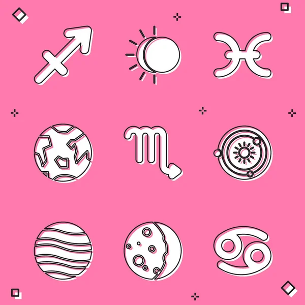 Set Sagittario zodiaco, Eclissi del sole, Pesci, Pianeta Terra, Scorpione, Sistema solare, Giove e icona. Vettore — Vettoriale Stock