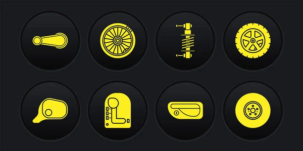 Set Espejo de coche, rueda, cambio de marchas, manija de la puerta, amortiguador, disco de freno e icono. Vector — Archivo Imágenes Vectoriales