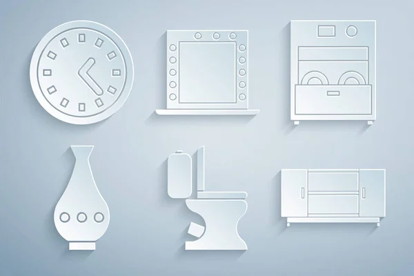 Set WC-Schüssel, Geschirrspüler, Vase, TV-Tisch, Schminkspiegel mit Lampen und Uhr-Symbol. Vektor — Stockvektor