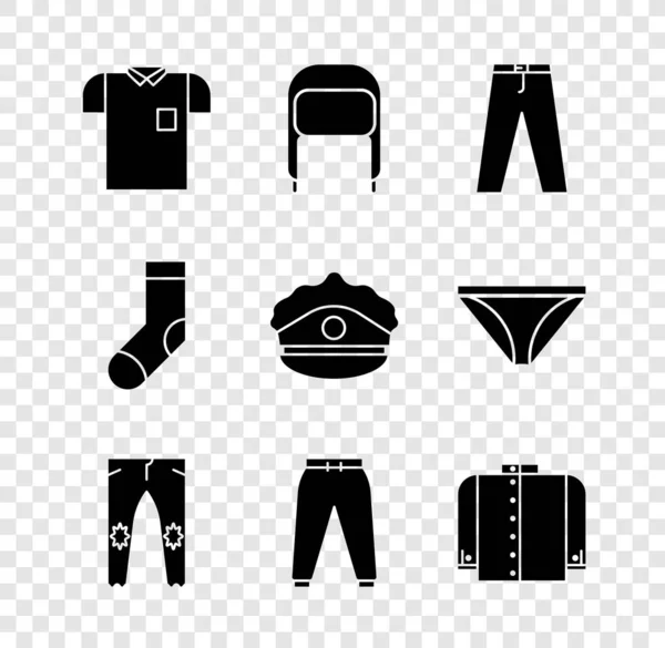 Set Poloshirt, Wintermuts met oorkleppen, Broeken, Sportbroek, T-shirt, Sokken en Police cap cockade icoon. Vector — Stockvector