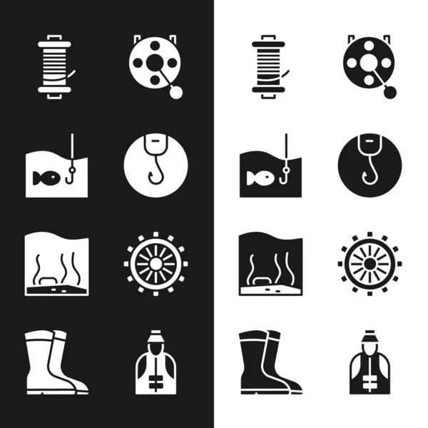 낚시용 낚시 낚싯바늘을, 낚시용스 플링 릴을, 낚시용 아쿠아리움을, 선박 핸들을, 어부와 부츠용 아이콘을 설정 한다. Vector — 스톡 벡터