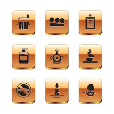 Sauna kovası ve kepçeyi hazırla, diyetsiz yemek, Aroma mumu, yağ şişesi, sıvı sabun, listeli pano, masaj ve süpürge kutusu ikonu. Vektör