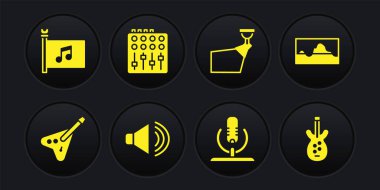 Elektro bas gitar, müzik dalgası dengeleyicisi, hoparlör sesi, mikrofon, film ışıkları, ses karıştırıcı kontrol ve festival bayrağı ikonu. Vektör
