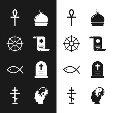 Tevrat parşömeni, Dharma çarkı, Haç ankh, Müslüman camisi, Hristiyan balığı, haçlı Tombstone, Yin Yang ve ikon. Vektör