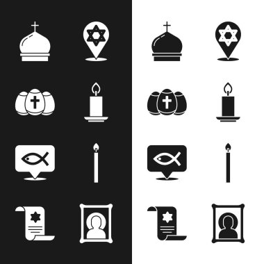 Yakıcı mum, Paskalya yumurtası, kilise kulesi, Davut Yıldızı, Hristiyan balığı, ikon ve Tevrat simgesi. Vektör