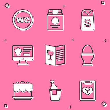 Set Tuvalet, İnternetten sipariş ve teslimat, Salt, Restoran Kafe menüsü stantta tavuk yumurtası, Kek ve Şampanya Kova ikonu. Vektör