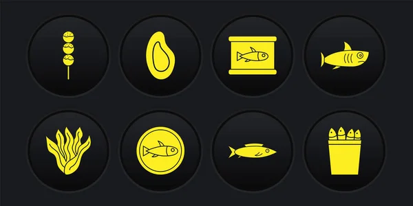 Set Alghe, Squalo, Pesce servito sul piatto, Pesce, Conserve, Cozza, Secchio da pesca con i pesci e icona Takoyaki bastone. Vettore — Vettoriale Stock