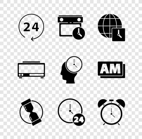 Set Reloj 24 horas, calendario y reloj, hora mundial, reloj de arena viejo, alarma, alarma digital y el icono de gestión del tiempo. Vector — Vector de stock