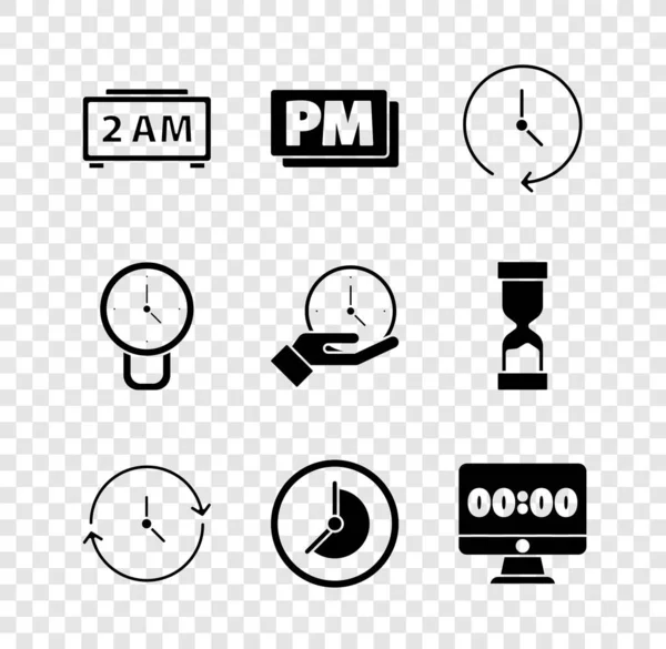 Stellen Sie den digitalen Wecker, die PM-Uhr, den Monitor und das Symbol ein. Vektor — Stockvektor