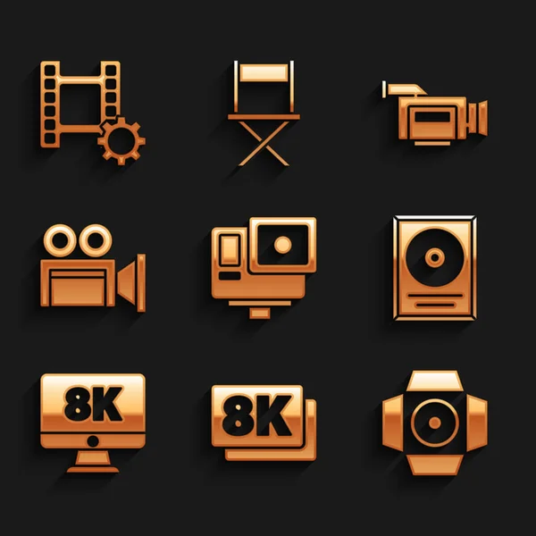 Set Action extrém kamera, 8k Ultra HD, Movie reflektorfény, CD lemez díjat keret, Monitor, Mozi, és Play Video ikon. Vektor — Stock Vector