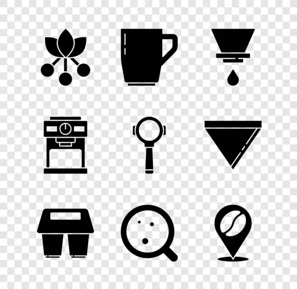 Set kávová zrna, větev, pohár, V60 kávovar, jít, Umístění s, stroj a držák filtru ikony. Vektor — Stockový vektor