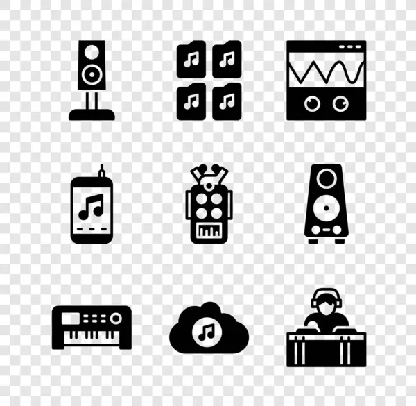 Definir alto-falante estéreo, documento de arquivo de música, osciloscópio, sintetizador, serviço de streaming, DJ tocando música, jogador e ícone de microfone. Vetor — Vetor de Stock