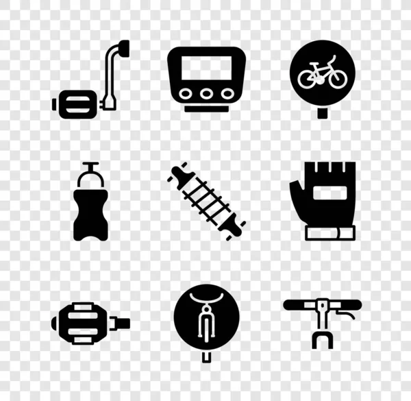 Set pédale de vélo, compteur de vitesse, guidon, bouteille de sport avec icône de l'eau et suspension. Vecteur — Image vectorielle