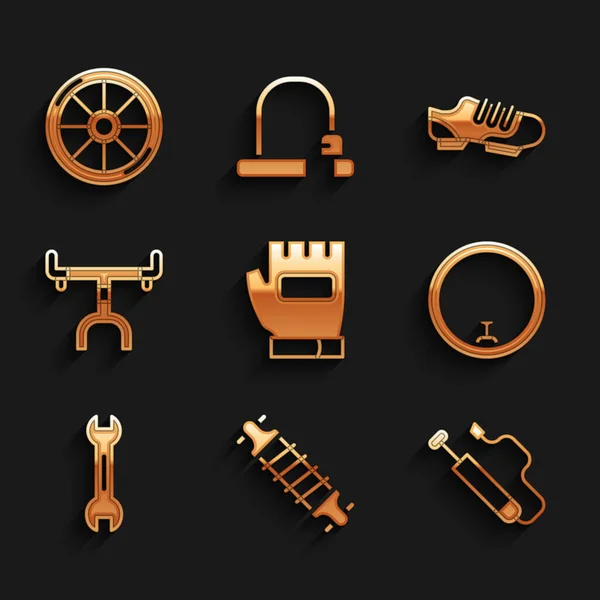 Set Gants, suspension de vélo, pompe à air, roue, clé à molette, guidon, chaussures et icône. Vecteur — Image vectorielle