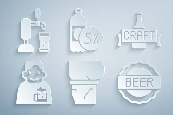 Set Bier buik, fles, Happy man met bier, Flesdop, en tap glas pictogram. Vector — Stockvector