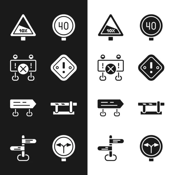 Establecer signo de exclamación en triángulo, barrera vial, ascenso empinado y camino de descenso, tráfico límite de velocidad, señal, coche de estacionamiento, tenedor y el icono. Vector — Archivo Imágenes Vectoriales