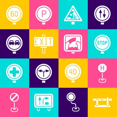 Park yeri bariyeri, hastane yolu trafiği, dur işareti, yangın çıkışı, sollama yok, hız limiti ve Drawbridge ikonunun önünde. Vektör