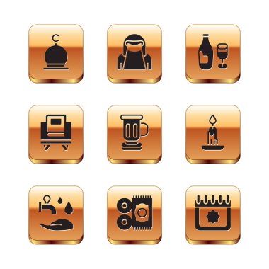 Müslüman Camii, Wudhu, Geleneksel halı, Ortaçağ kadehi, Kuran 'ın kutsal kitabı, camlı şarap şişesi, Ramazan takvimi ve kadın niqab ikonu. Vektör