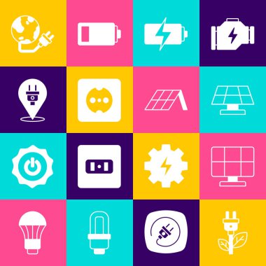 Elektrik tasarruf prizini yaprağa, güneş enerjisi paneline, aküye, elektrik prizine, küresel güç gezegenine ve ikona ayarla. Vektör