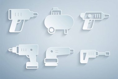 Elektrikli zımpara makinesi, kablosuz tornavida, döner çekiç matkabı, hava kompresörü ve ikon ayarla. Vektör