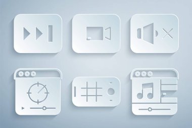 Selfie 'yi cep telefonundan ayarla, Hoparlör sessiz, Online oynatma videosu, Müzik çalar, Oynat düğmesi ve Hızlı İleri simgesi. Vektör