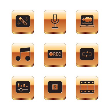 Fotoğraf rötuşlama, müzik eşitleyici, dur medya düğmesi, kayıt, not, ton, ses kaydedici, video oynat ve mikrofon simgesi. Vektör