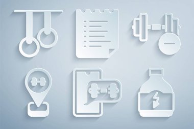 Fitness uygulaması, Dumbbell, konum spor salonu, spor beslenme, eğitim programı ve jimnastik yüzükleri ikonu. Vektör