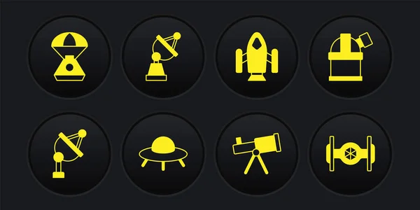 Ensemble Antenne satellite, observatoire astronomique, vaisseau spatial volant ovni, télescope, fusée, capsule cosmique et spatiale icône. Vecteur — Image vectorielle