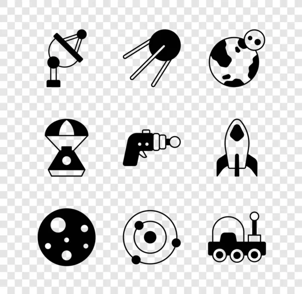 集卫星天线、地球、火星行星、太阳系、漫游者、太空舱和雷炮图标为一体.B.病媒 — 图库矢量图片