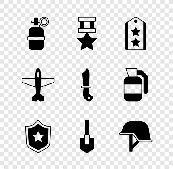 Set granada de mano, medalla de recompensa militar, rango, placa de policía, pala, casco, icono de avión y cuchillo. Vector — Archivo Imágenes Vectoriales