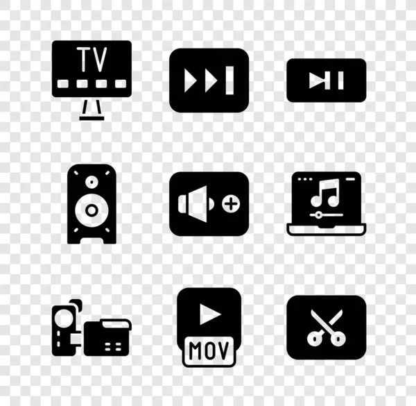 Définir Smart Tv, Avance rapide, Bouton Pause, Caméra de cinéma, fichier MOV, montage vidéo de musique, haut-parleur stéréo et icône de volume haut-parleur. Vecteur — Image vectorielle