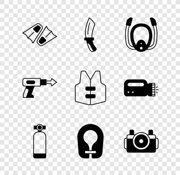 Set Flippers for swimming, Diving knife, mask with snorkel, Aqualung, Life jacket, Photo camera diver, Fishing harpoon and icon. Vector — Stock Vector