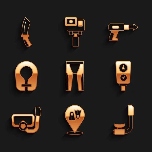 Set Wetsuit voor scuba duiken, Flippers zwemmen, Snorkel, Meetschaal, Duikmasker met snorkel, Reddingvest, Visharpoen en messenpictogram. Vector — Stockvector