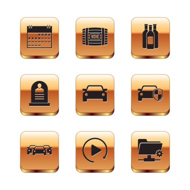 Takvim, Araba, Video oynatma düğmesi, RIP yazılı Tombstone ve şarap ikonu şişeleri. Vektör