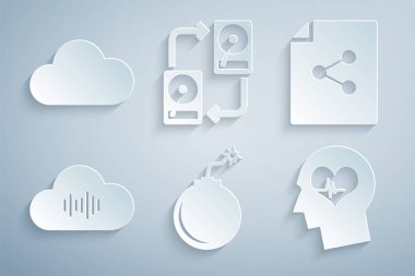 Bombayı patlamaya hazır hale getir, dosyayı paylaş, müzik akışı hizmeti, kalp atışlarıyla baş, veri alışverişi HHD ve simge. Vektör