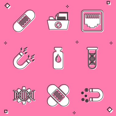 Bandaj bandı, sağlık kayıtları klasörü, ağ bağlantı noktası kablosu, yıldırımlı mıknatıs, tıbbi şişe, ampul ve DNA araştırması, arama simgesi. Vektör