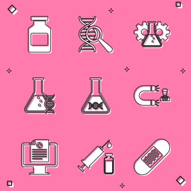 İlaç şişesi, DNA araştırması, arama, biyomühendislik ve müşteri çeken ikonu ayarla. Vektör