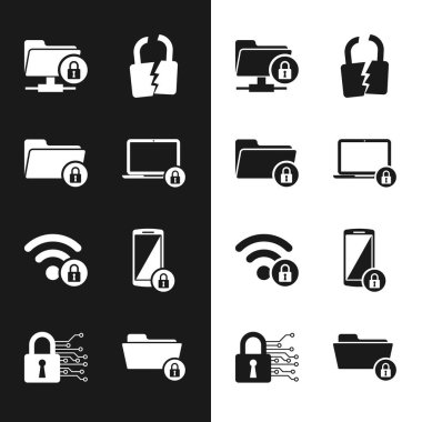 Dizüstü bilgisayarı ve kilidi, dizini, FTP dizinini, kırık ya da kırık, Wifi kilitlendi ve Smartphone ile simgeyi ayarla. Vektör