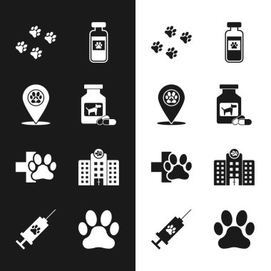 Köpek ilacı şişesi ve haplar, konum veterineri, pençe izi, hayvan ilacı şişesi, veteriner kliniği ve hastane ikonu. Vektör