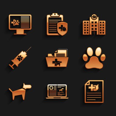 Tıbbi kayıt klasörünü, dizüstü bilgisayarda klinik köpeğini, kedi sertifikasını, pençe izini, aşı ikonlu köpek ve şırıngayı ayarla. Vektör