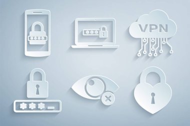 Görünmez ya da gizli, Bulut VPN arayüzü, Parola koruması, Kale kalp şekli, şifreli dizüstü bilgisayar ve Mobil ve simge. Vektör