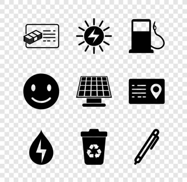 Finansal dökümanı, güneş enerjisi panelini, benzini veya benzin istasyonunu, suyu, geri dönüşüm kutusunu geri dönüşüm, kalem, gülen yüz ve simgeyle ayarla. Vektör