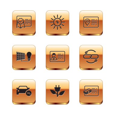 Sertifika şablonu, Hidrojen arabası, Yaprakta elektrik prizi, Kimlik kartı, Güneş enerjisi paneli ve ampul, adres defteri, Finansal belge ve simgeyi ayarla. Vektör